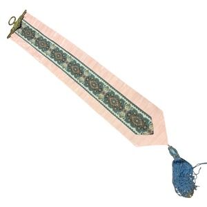 Vintage Pink Moire Silk Bell Pull Tapestry Brass Grape Hardware Blue Tassel